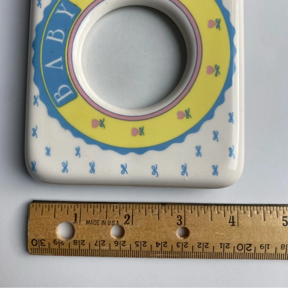 Vintage Baby Frame Ceramic Photo Girl Rattle With Bow Yellow 7” X 4” Photo: 2”